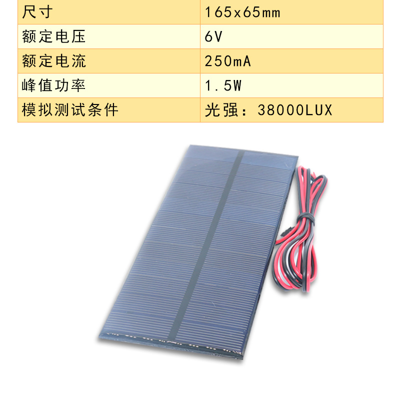 ソーラーパネル165*65 6v 250ma帯線1メートル