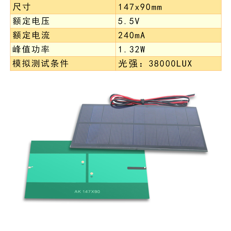 ソーラーパネル147*90 5.5v 240ma 1メートル線付き