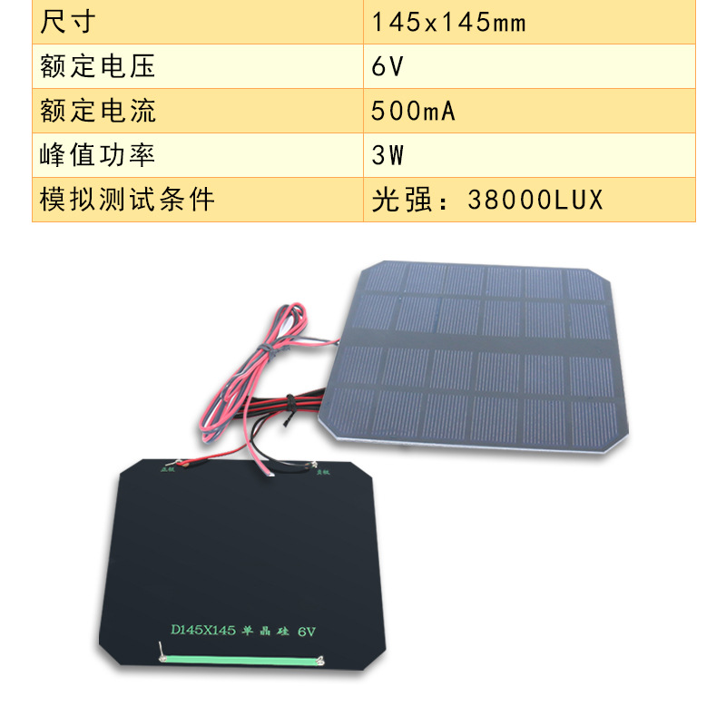 ソーラーパネル145*145 6v 500ma帯線1メートル