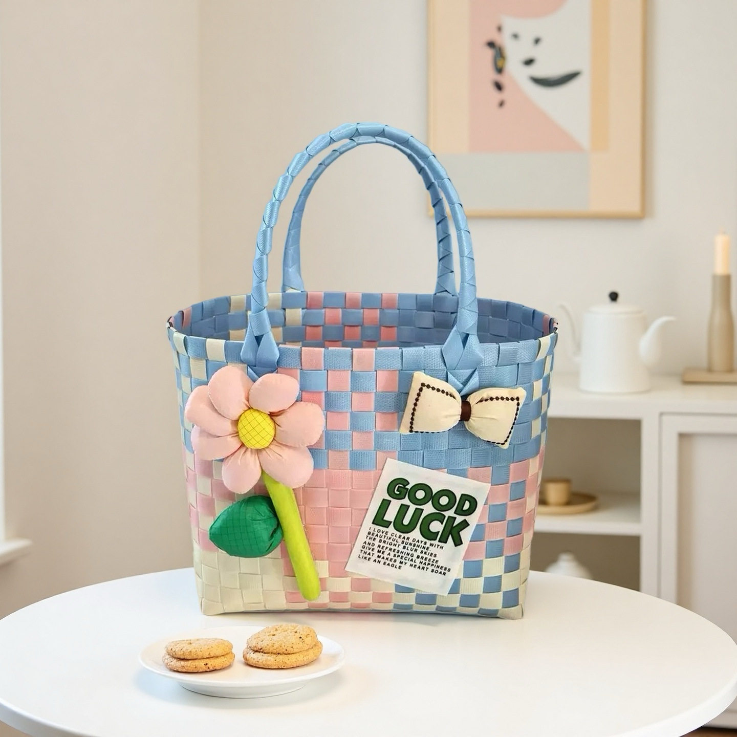 ブルー、ピンク、ホワイトの配色（ひまわり）