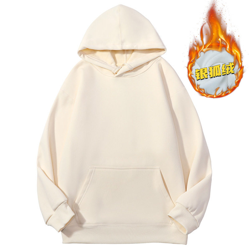 ライトベージュのチャイナ コットン フード付きフリース スウェットシャツ