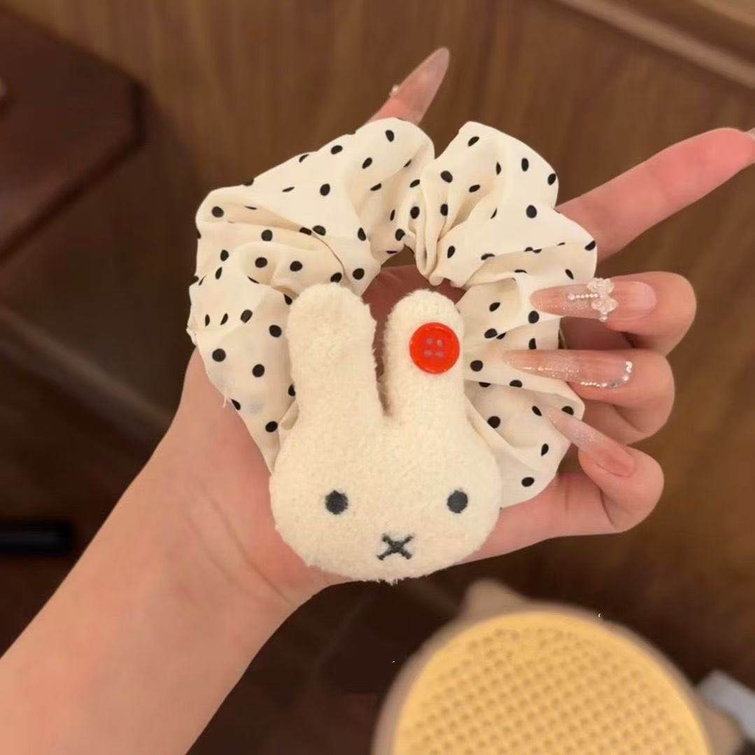 5969 古代メガネヘアゴム-白点赤ボタンウサギ