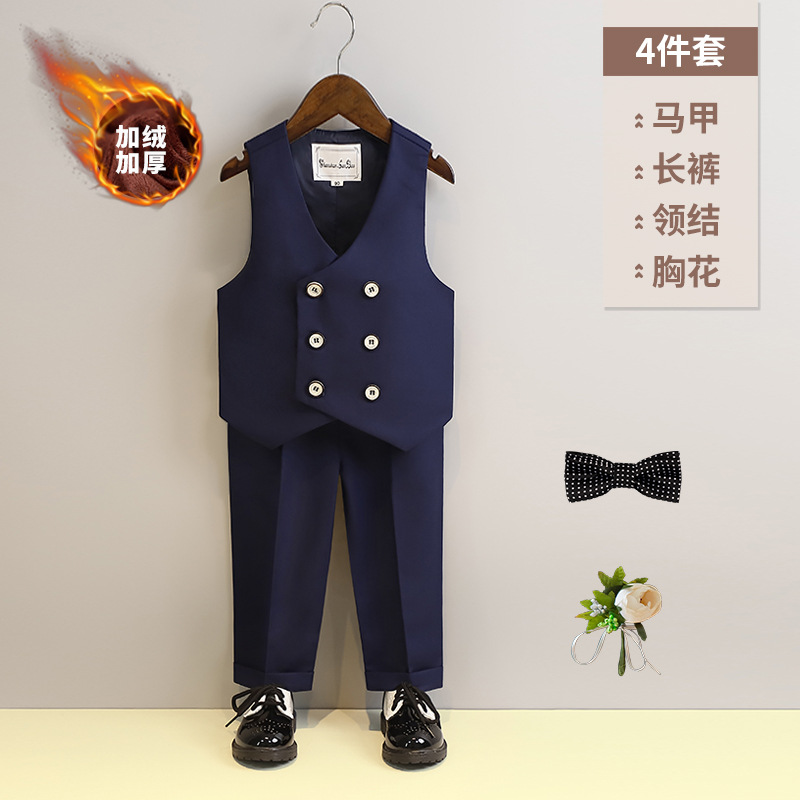 ベルベットチベット青馬甲4点セット (馬甲長ズボン蝶ネクタイ胸花)