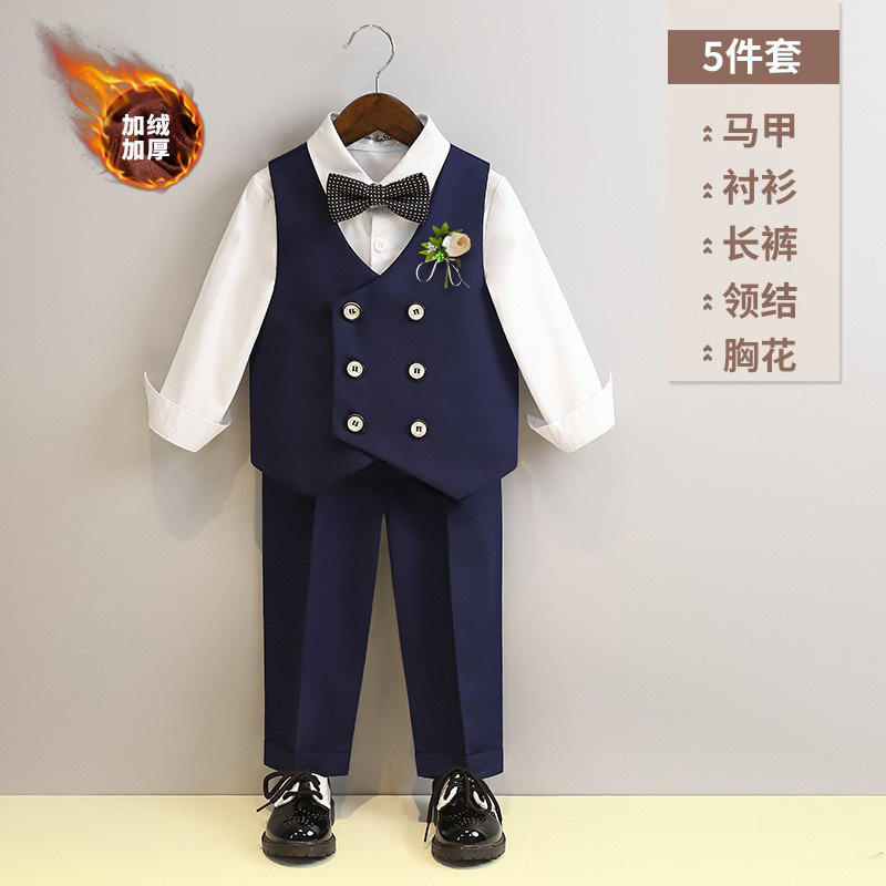 ベルベットチベット青馬甲5点セット (シャツ馬甲長ズボン蝶ネクタイ胸花)