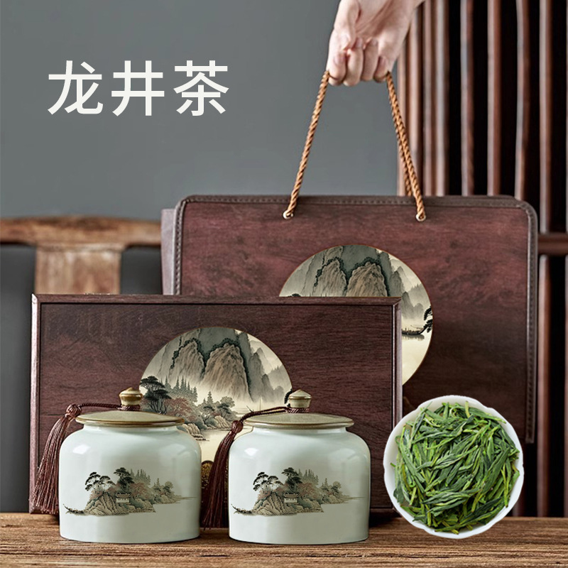 高級木箱入り陶器二重缶【龍井】