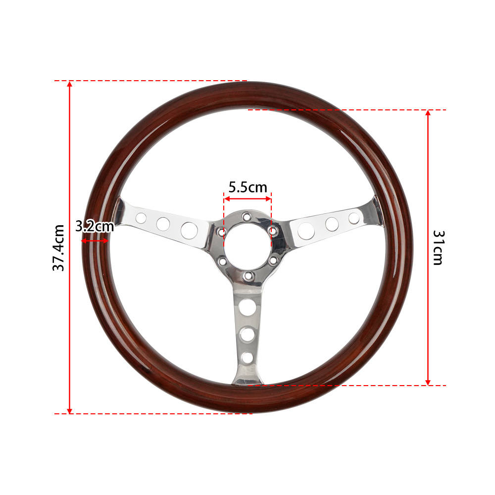 わずかに欠陥のある大胆な 3 つの丸穴無垢材ステアリング ホイール