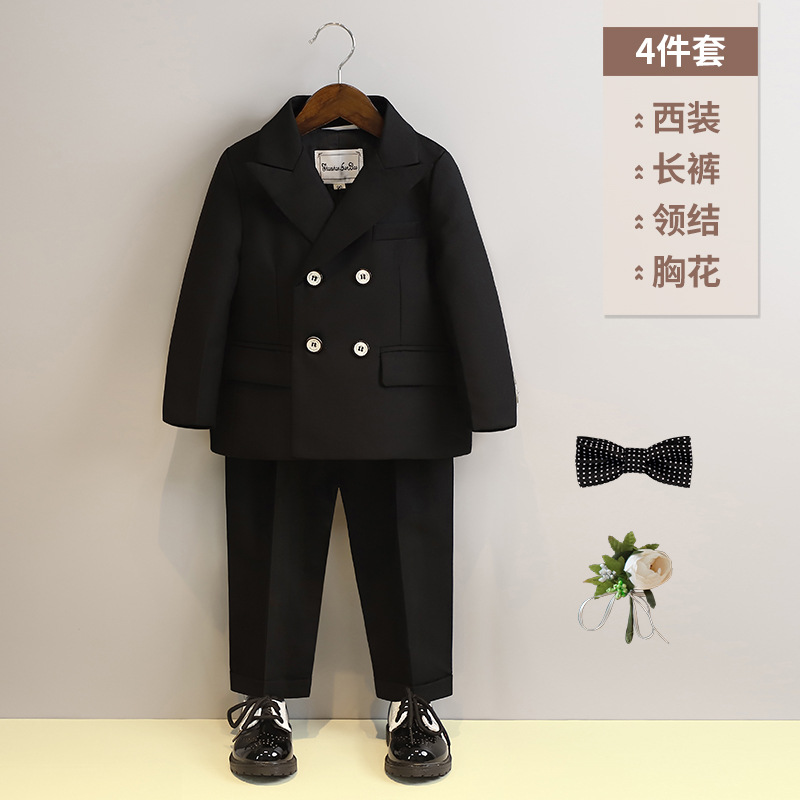 黒コート4点セット (コート + 長ズボン + y6y1蝶ネクタイ + 茶花胸花)