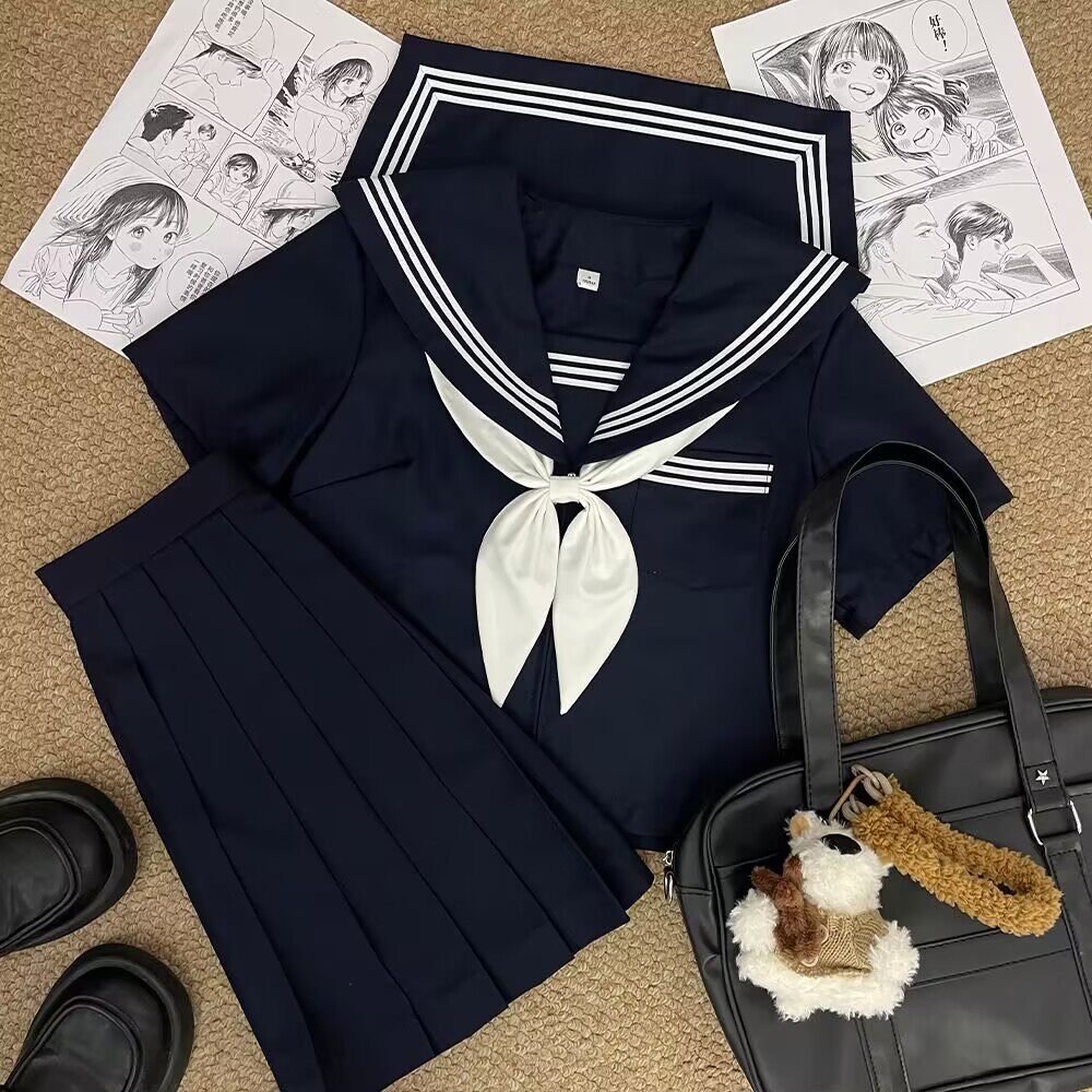 改良紺スリーピース半袖+シアンスカート+白金魚結び