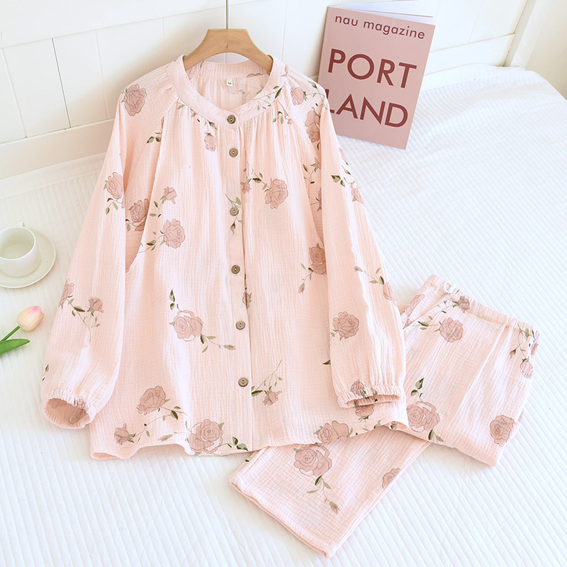 胸クッション/固定カップ純綿クレープスタンドカラー ピンクローズ監禁服セット