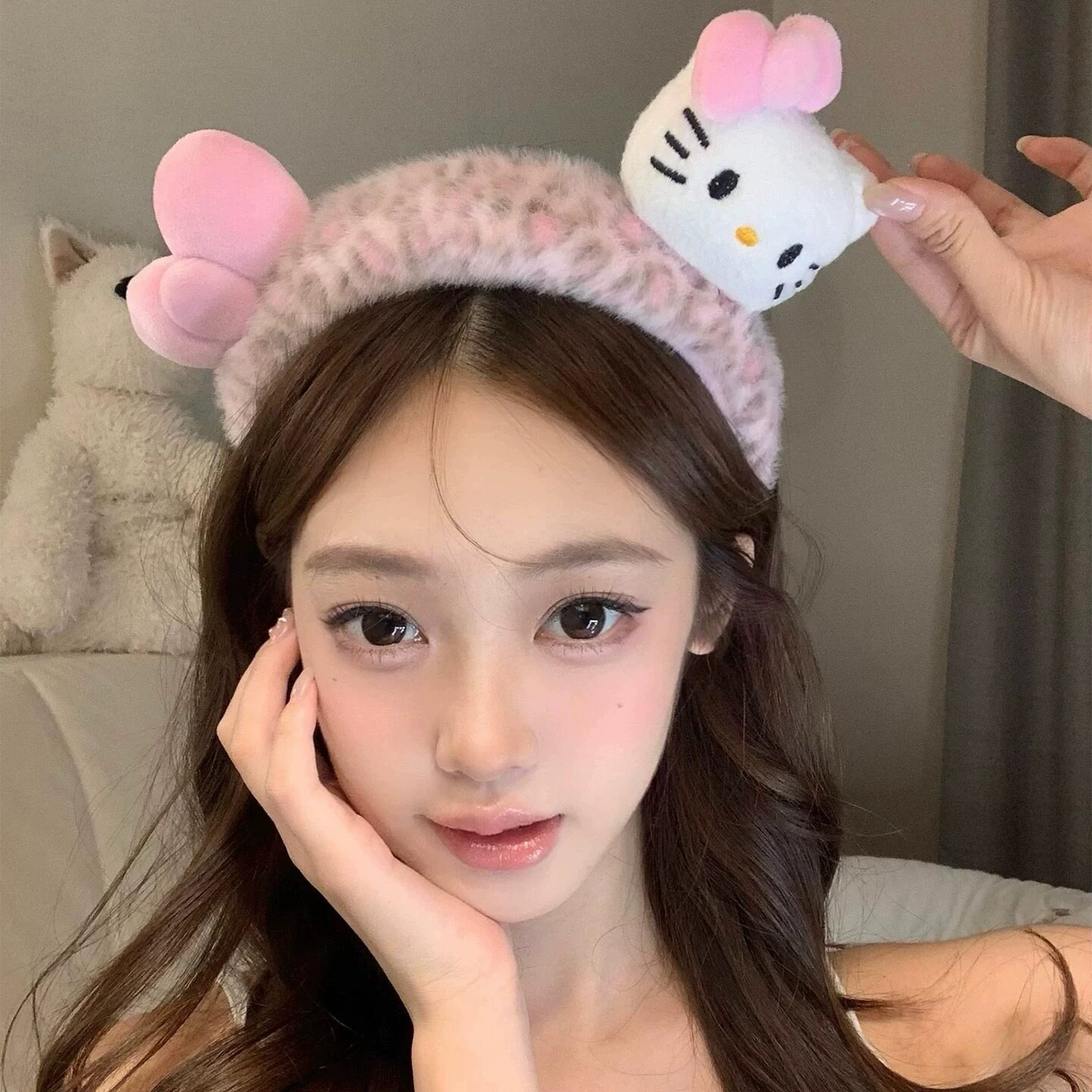 27#ピンクのヒョウ柄 KT キャット リボンぬいぐるみヘッドバンド