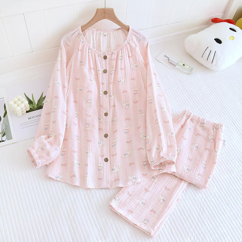 胸クッション/固定カップ純綿クレープラウンドネックピンク猫監禁服セット