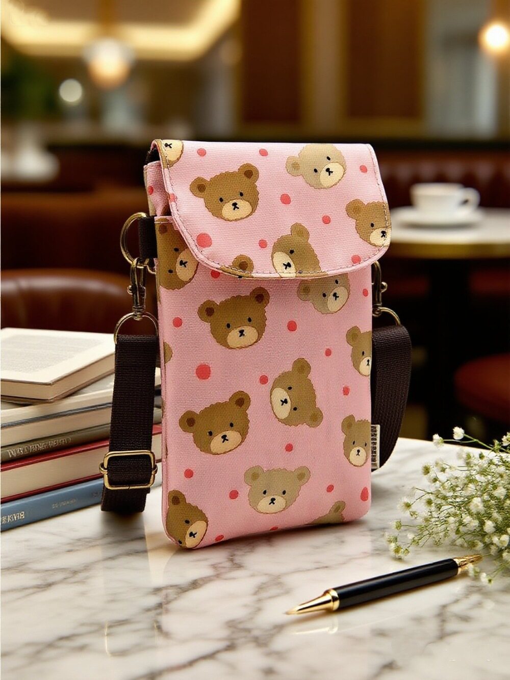 携帯電話バッグ熊-ピンク