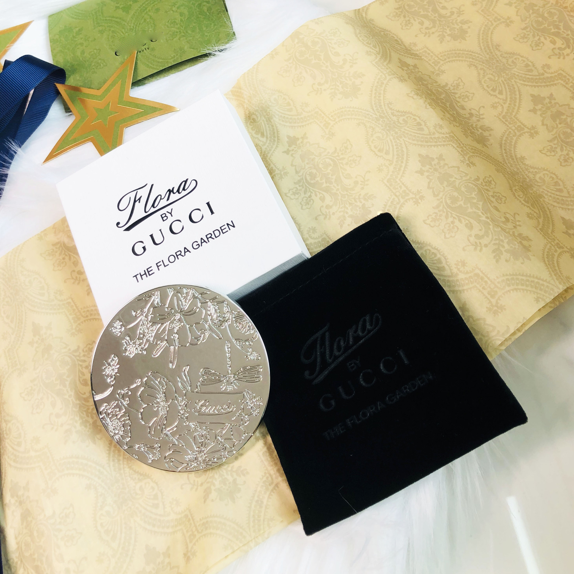 本物の花柄シルバーミラー + ベルベットバッグ + ギフトボックス