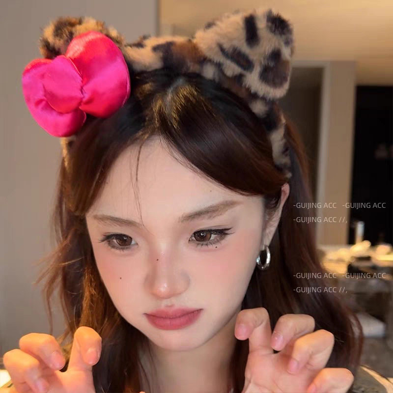 9#ローズレッドのリボンヒョウ柄ぬいぐるみヘッドバンド