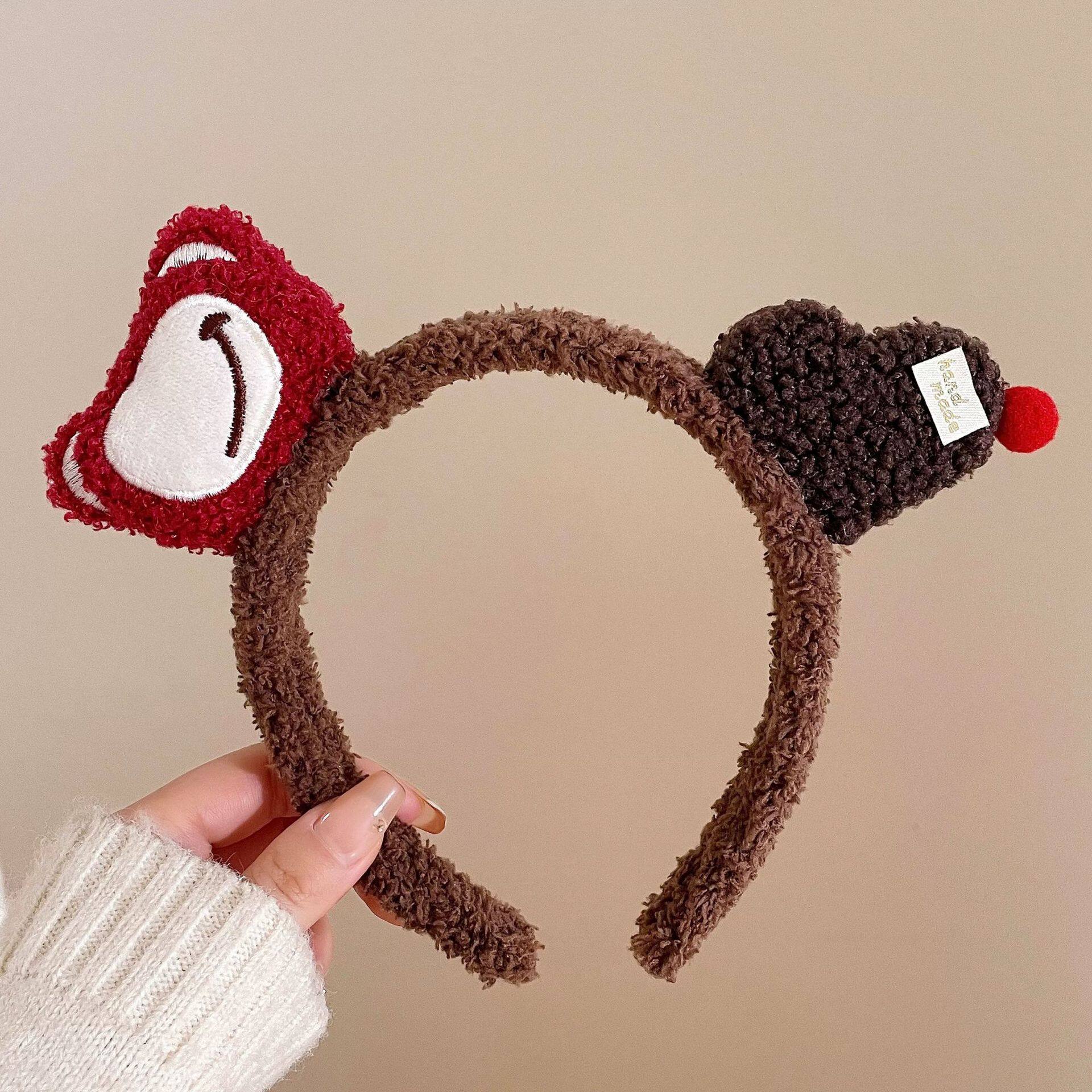 32#バーガンディ ベア ヘッド ハート テディ ファー ブラウン ヘアバンド