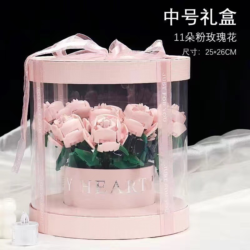 11 ピンク ローズ ピンク バケット ギフト ボックス (ライト付き)