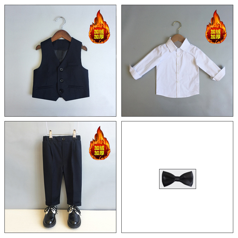 【都パイル】黒ストライプ (ベスト + ズボン + シャツ + 黒蝶ネクタイ + カエデの胸花)