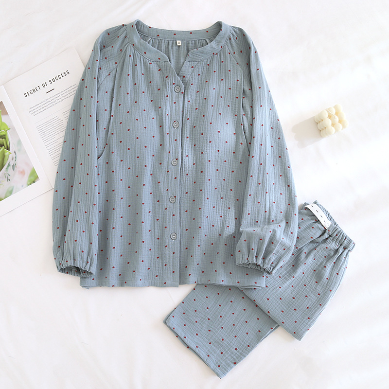 胸クッション/固定カップ純綿クレープ V ネック監禁服スーツ青赤水玉