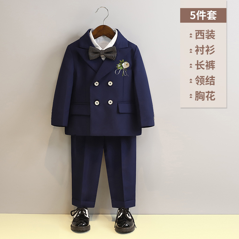 チベット青コート5点セット (コート + 長ズボン + 長袖シャツ + y6y1ネクタイ + 茶花胸花)