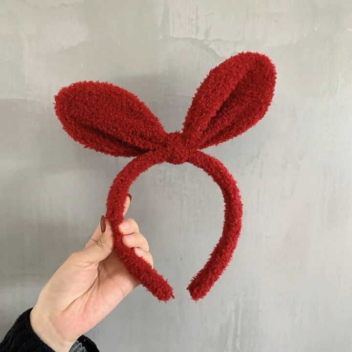38#ローズレッドのウサギ耳ヘアフープ