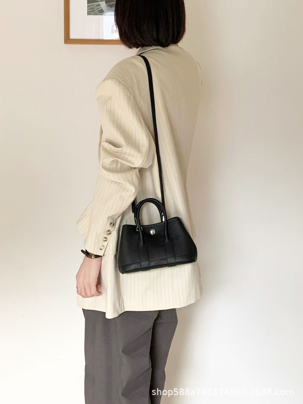 ブラック + ロングショルダーストラップ、第一層牛革