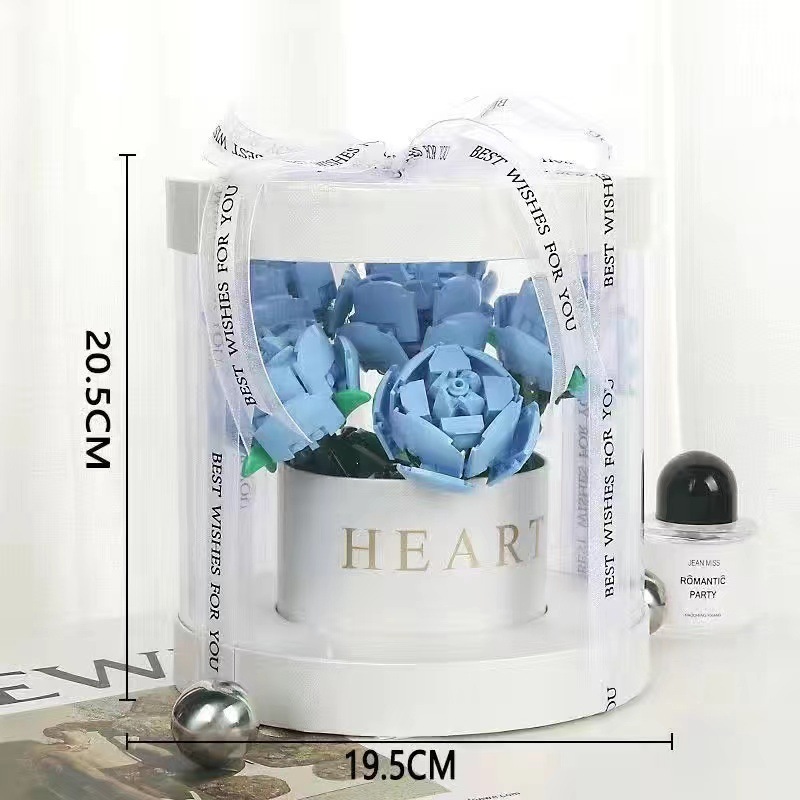 青いバラ6本+小さな白いバケツ+花泥+ライトストリング+リボン