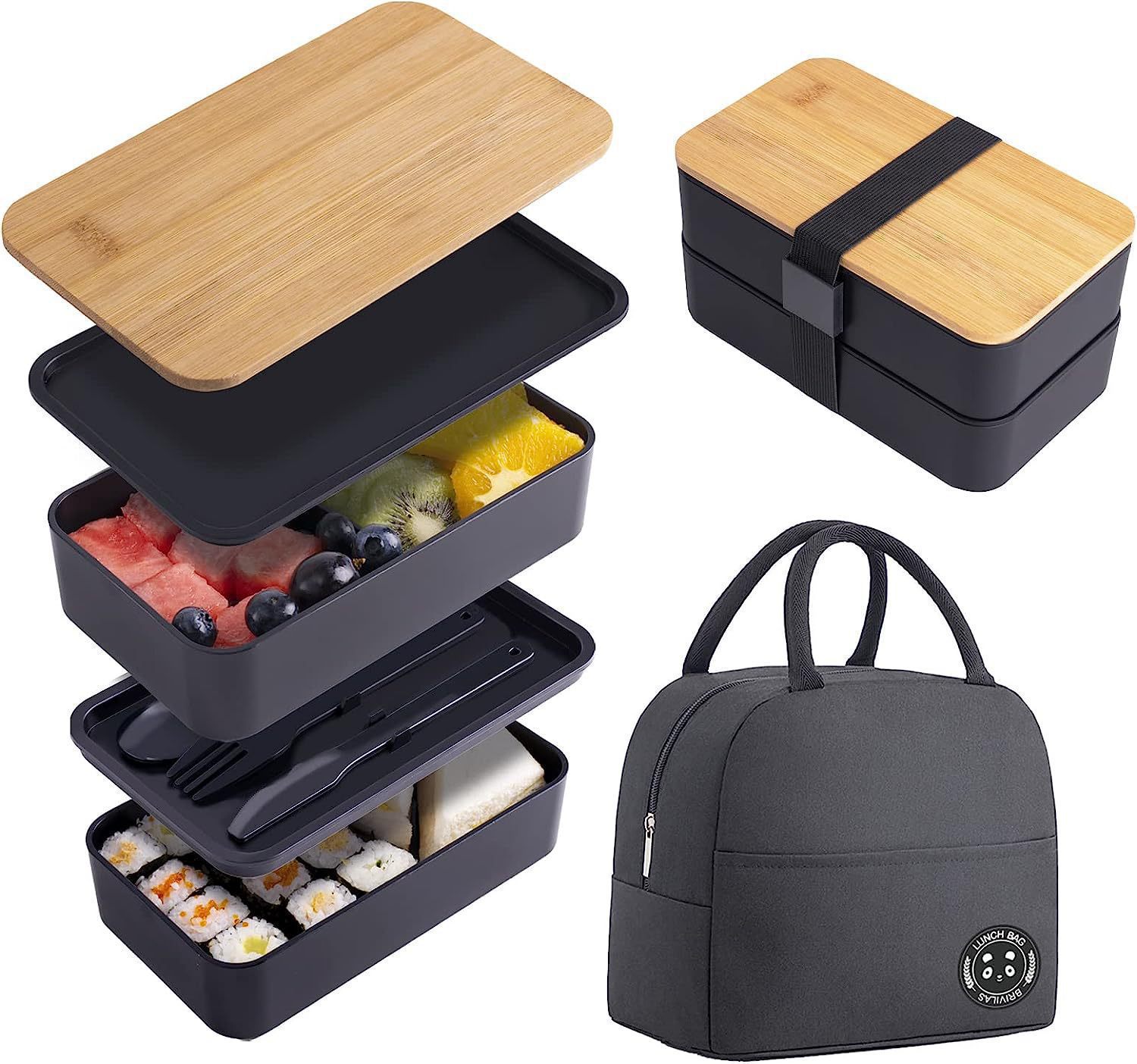 黒二重竹蓋弁当箱 (保温袋付き)