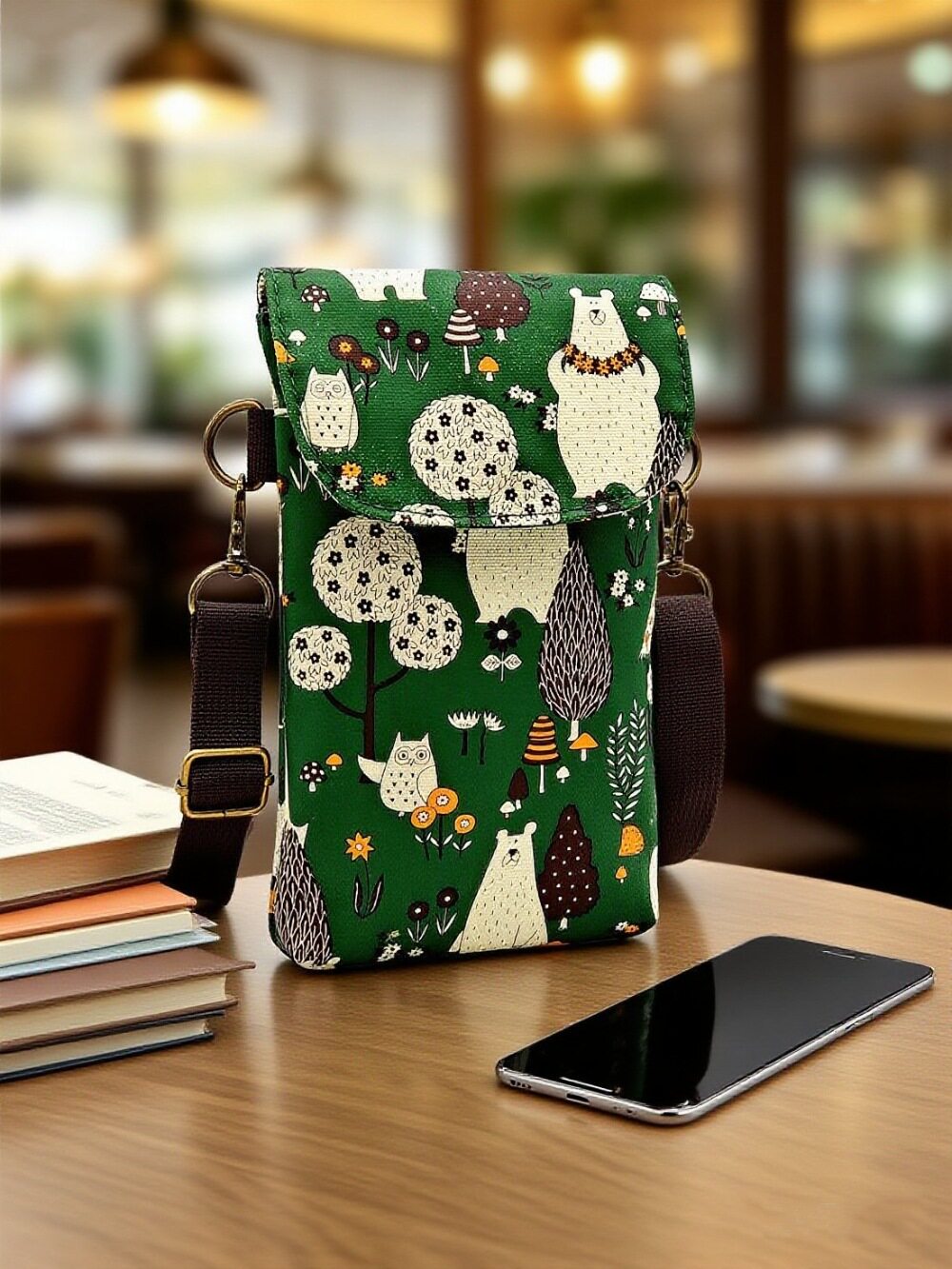 携帯電話バッグ森熊-竹緑