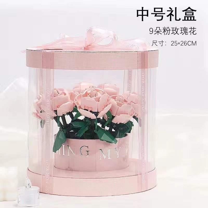 9 ピンクのバラとピンクのバケツのギフトボックス (ライト付き)