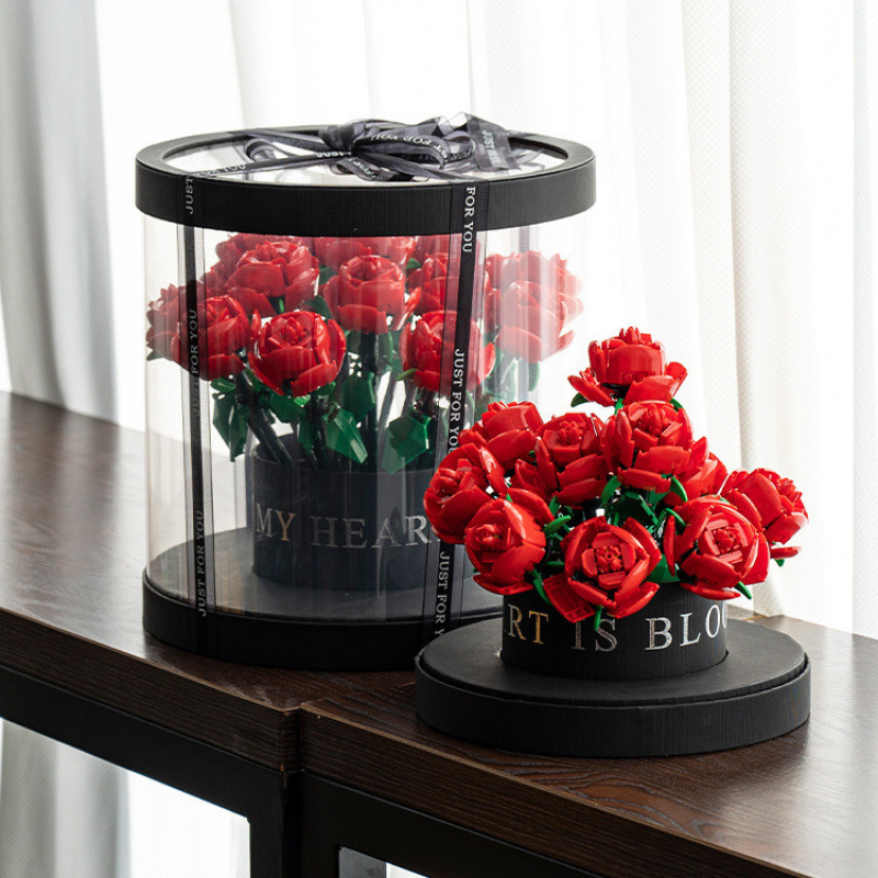 18本の赤いバラと黒いバケツのギフトボックス(ライト付き)