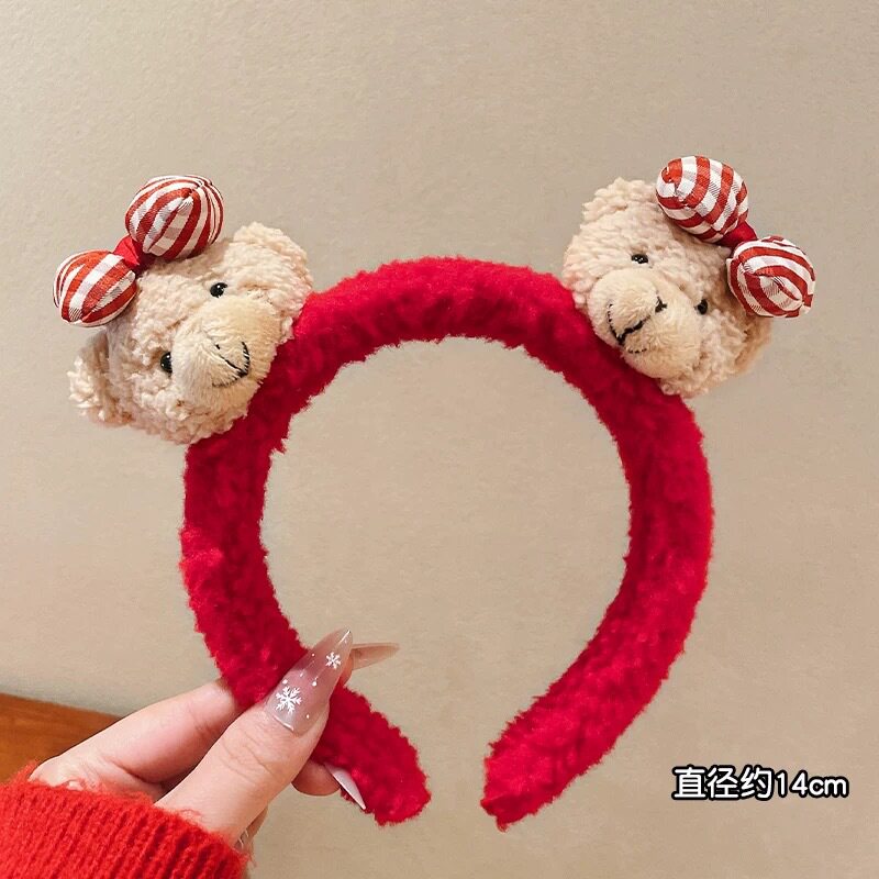 53#赤チェック柄リボン付きくまさんぬいぐるみヘアバンド