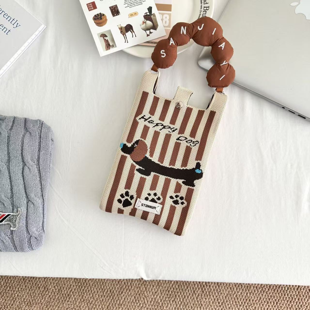 【ハンドル＋ショルダーストラップ】ストライプダックスフント（ラベルなし）