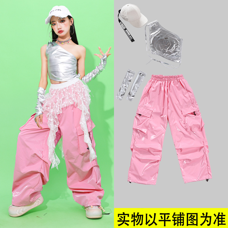 シルバーレザーショルダー278ベスト+543ピンク】レザーパンツ+シルバーレザースリーブ+ホワイトリボンハット