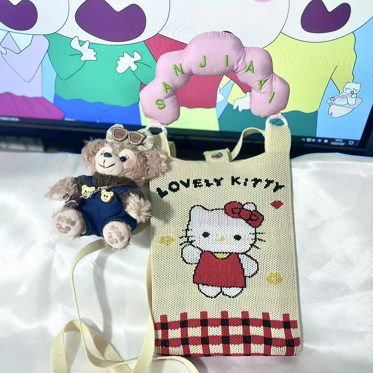 【ハンドル+ショルダーストラップ】赤チェック柄猫(ペンダント除く)