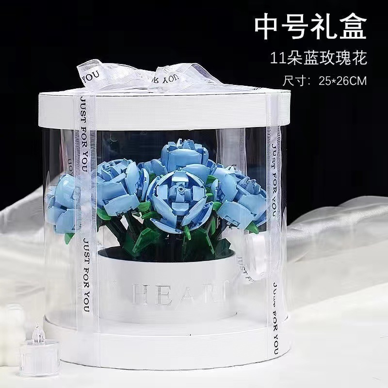 11 青いバラと白いバケツのギフトボックス (ライト付き)