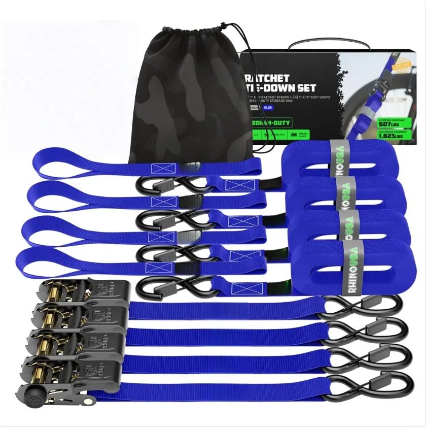 81004-ブルーラチェットテンショナーセット-ブラック電気泳動4.9mセット+8文字バックル*4+ベルクロ*4+防水バッグ+ニュートラルボックス