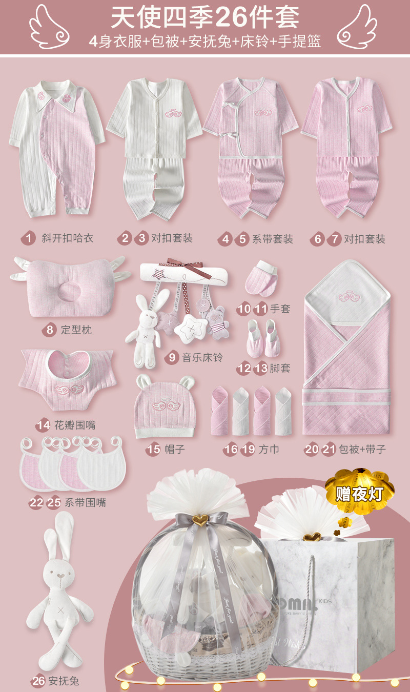 ◢四季天使粉26点セット【リュクスギフトバスケット】おやすみウサギ＋ベッドメリー付き▽✓