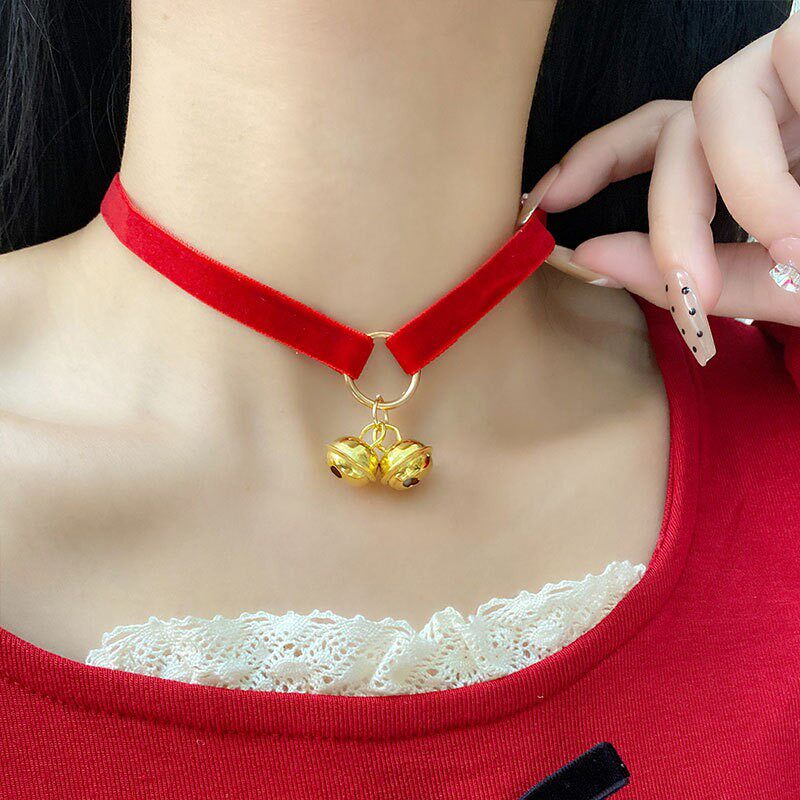 46#BA1434 レッドラフベルベットダブルベルネックレス