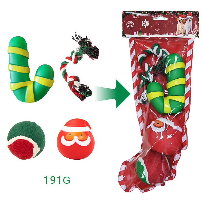 グレードアップした3号クリスマスバッグセット【かじりロープ+サンタクロースヘッド+クリスマスグリーン松葉杖+テニスボール】