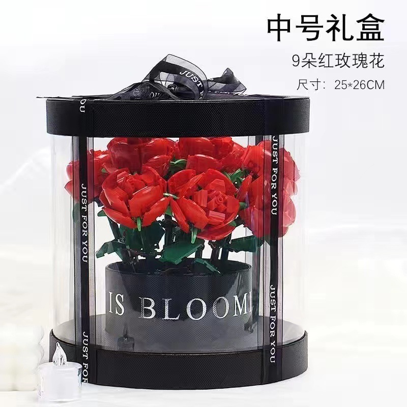 赤いバラ9本と黒いバケツギフトボックス(ライト付き)