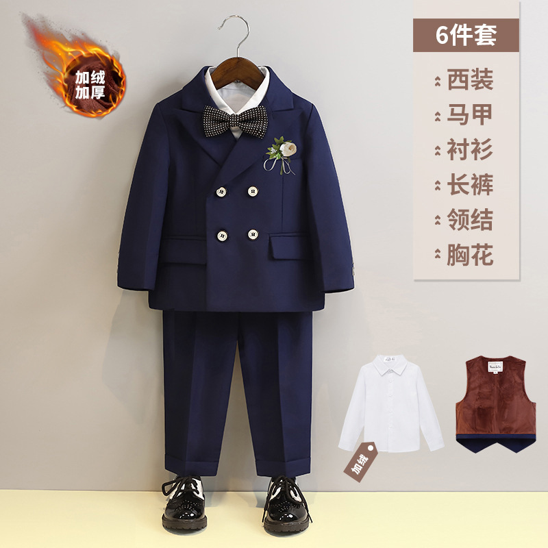 ベルベットチベット青六点セット (コート馬甲長ズボン長袖シャツY6Y1ネクタイ茶花胸花)