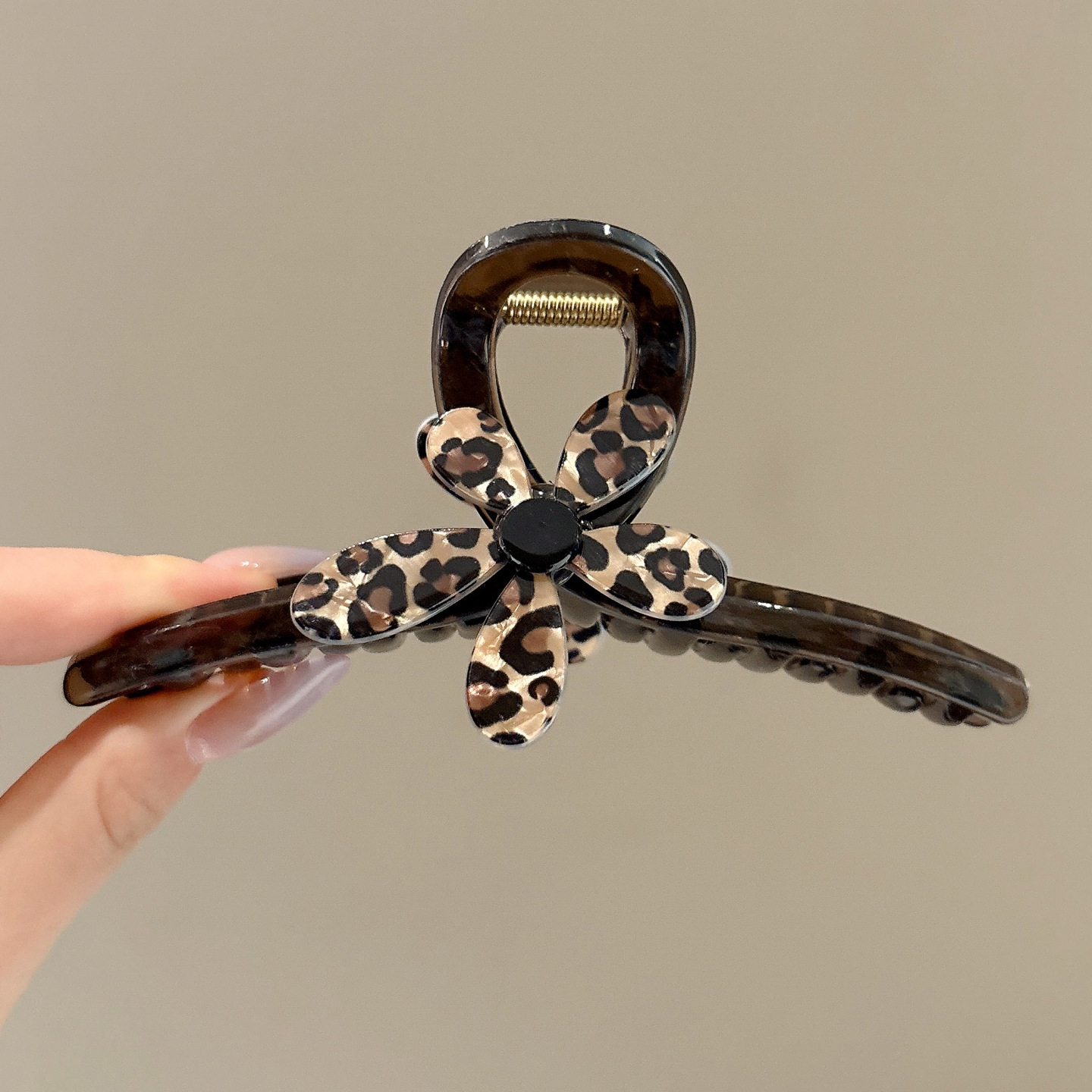 2# Lサイズ【透明ブラウンボトムクリップ】ヒョウ柄フラワーグリッパー-13cm
