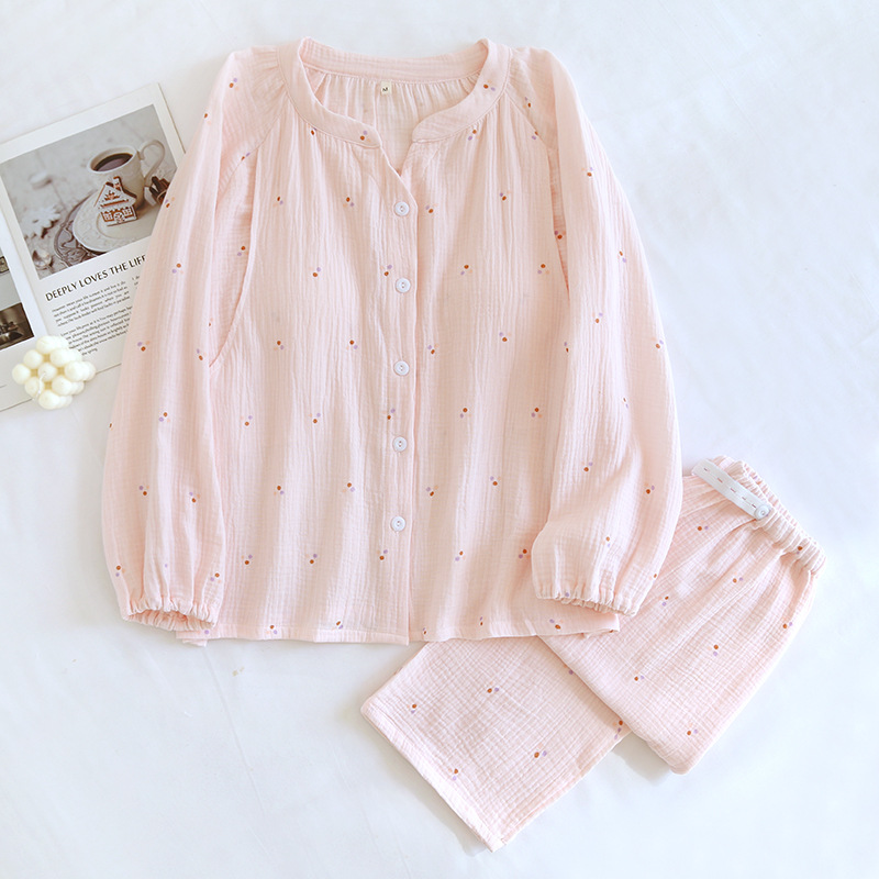 胸クッション/固定カップ純綿クレープ V ネック監禁服スーツピンク水玉