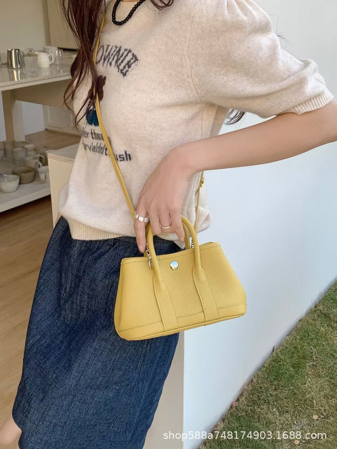 ひよこイエロー+ロングショルダーストラップ、第一層牛革