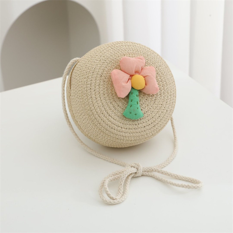 ベージュピンクフラワーラウンドバッグ 直径15cm