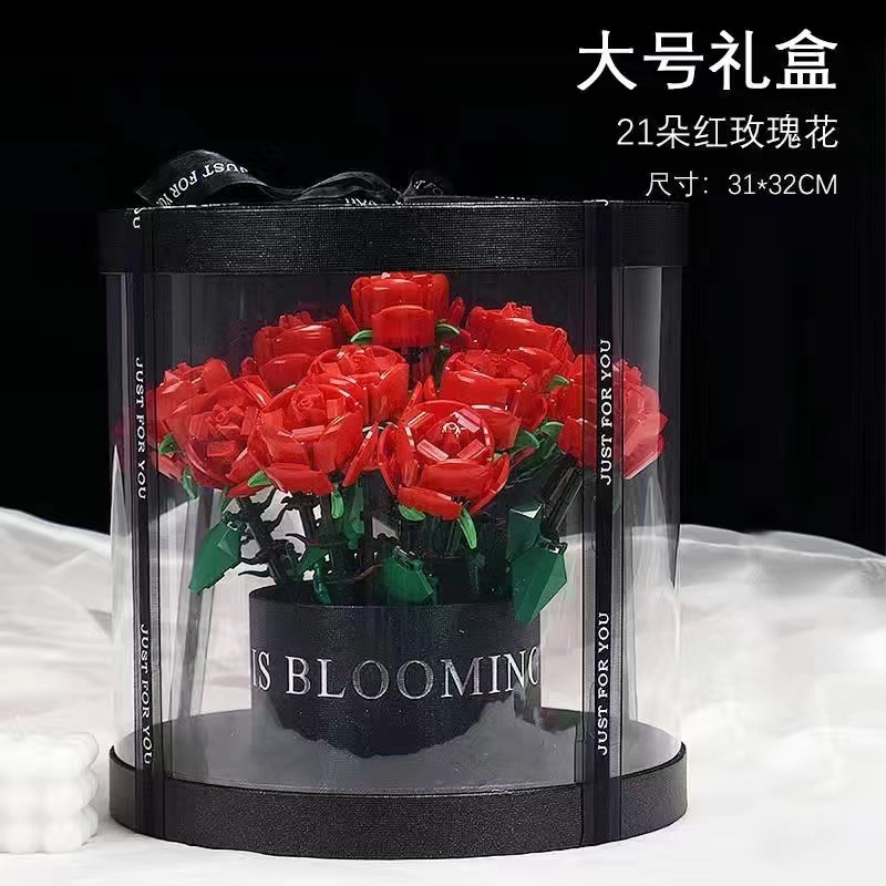 21本の赤いバラと黒いバケツのギフトボックス(ライト付き)