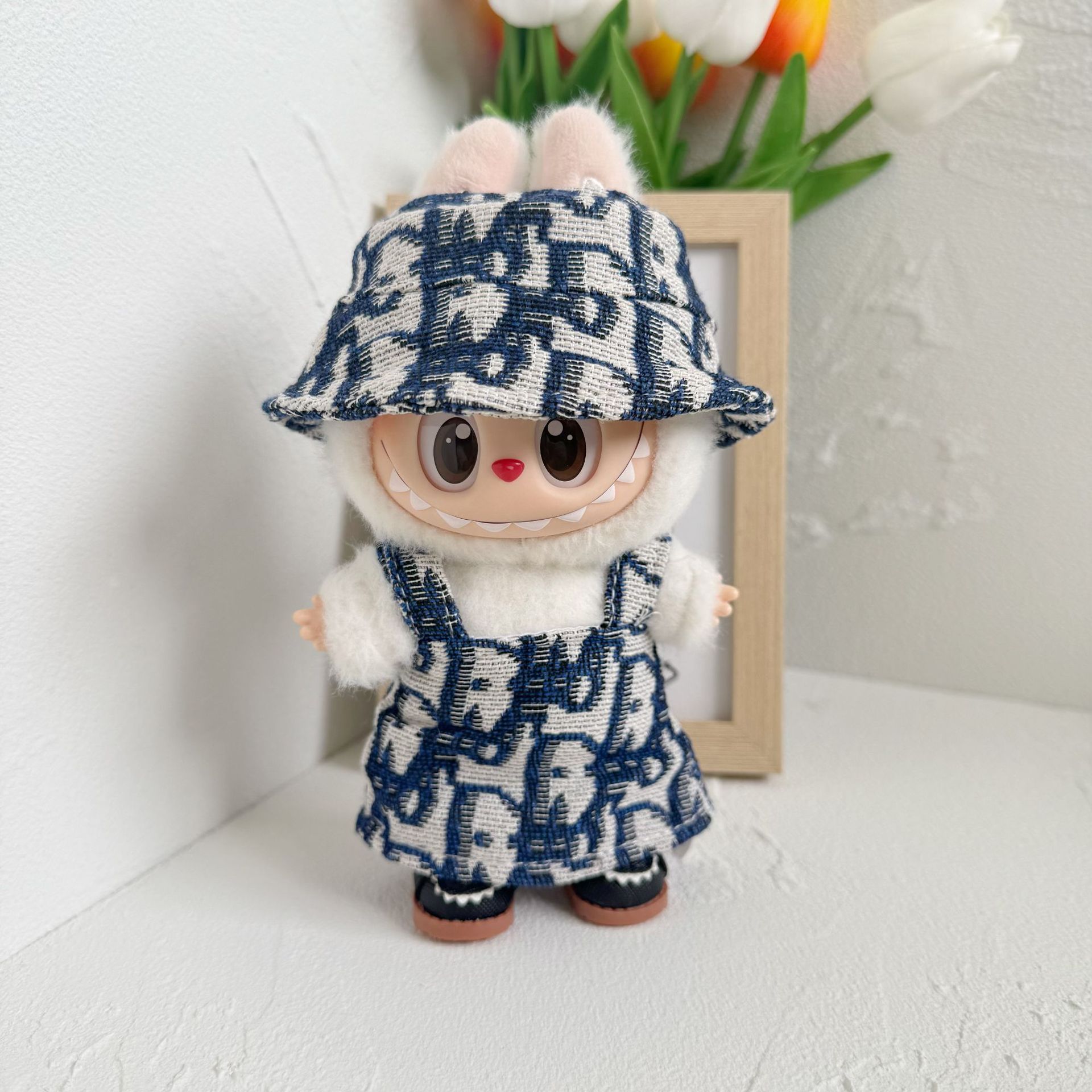 ブルーオーシャンハット+レギュラーサスペンダースカート+黒底白リボンプリンセスシューズ