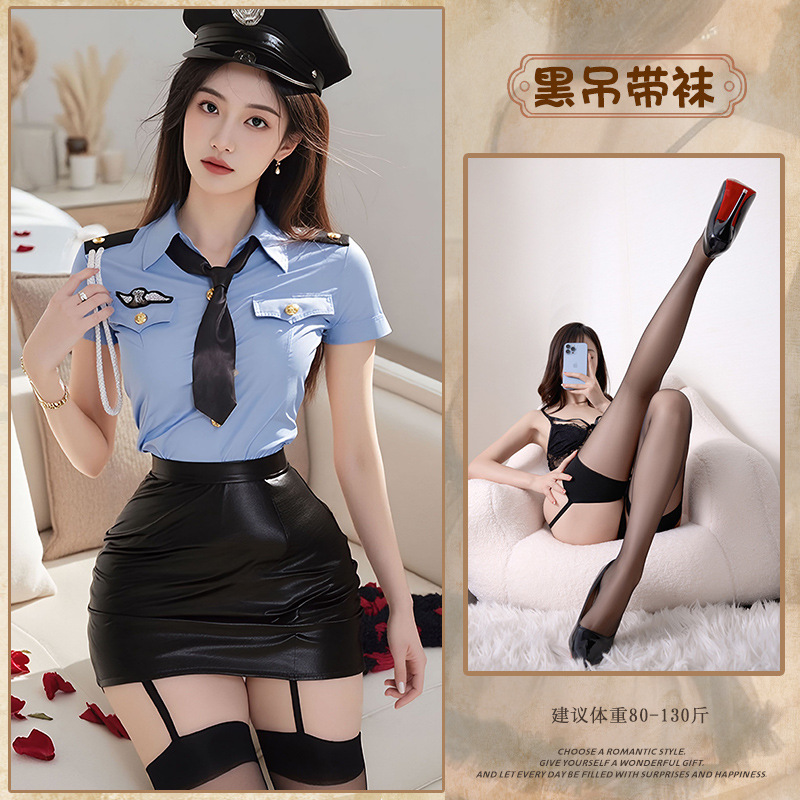 ブルースーツ+婦警帽子+黒サスペンダーストッキング