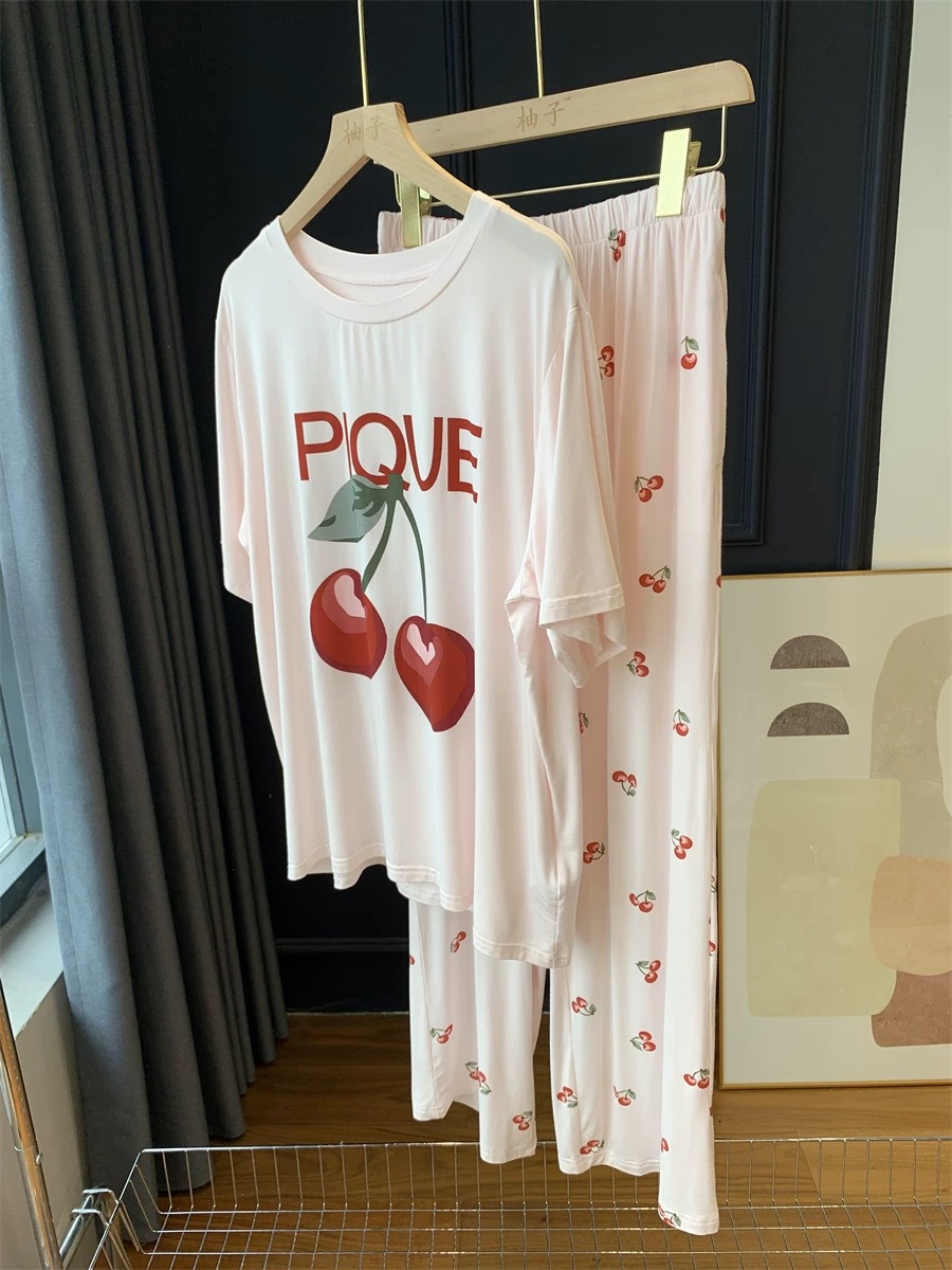 チェリー半袖パンツ-スーツ-ピンク