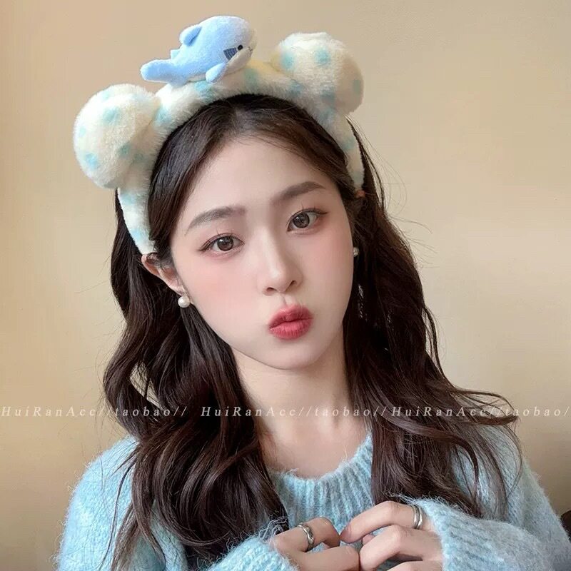 25#小さなサメの青い水玉模様のクマの耳のぬいぐるみヘッドバンド